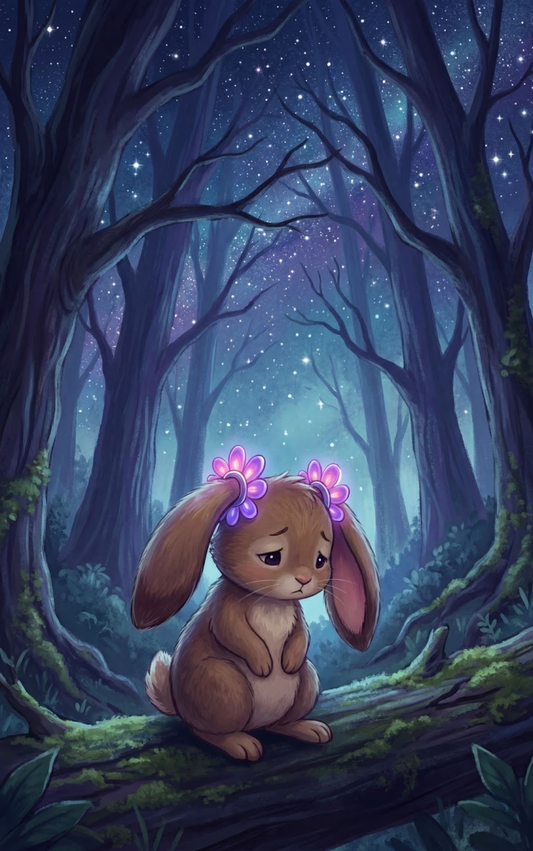 Interior illustration from Little Rabbit's Quiet Quest showing the rabbit with woodland friends
