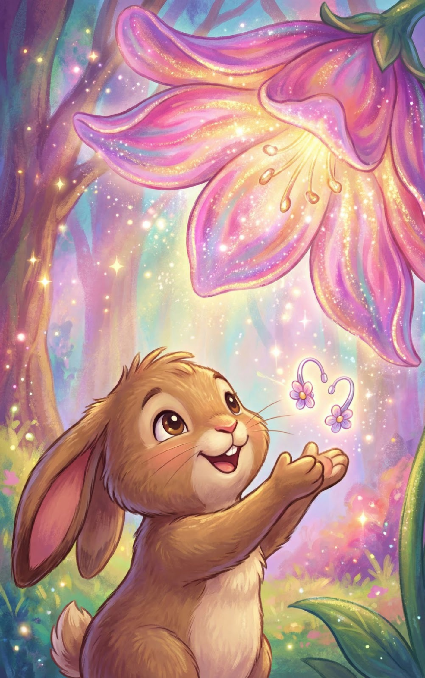 Interior illustration from Little Rabbit's Quiet Quest showing the rabbit with woodland friends